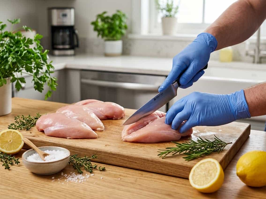 Hands trimming raw chicken breasts on a cutting board with herbs and lemon nearby in a kitchen setting.