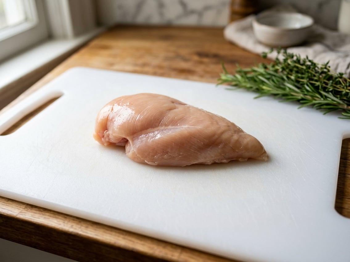 A raw chicken breast placed on a white cutting board with fresh herbs in the background.