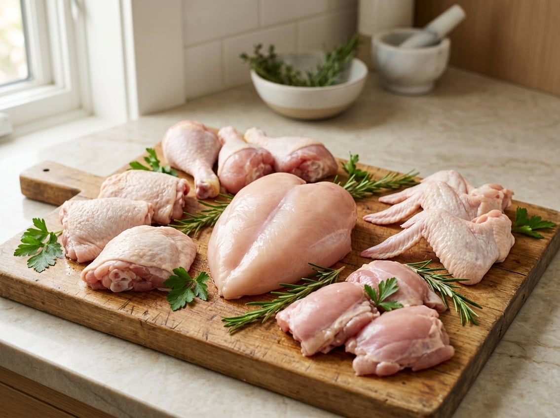Various raw chicken cuts including a chicken breast, thighs, drumsticks, and wings arranged on a wooden cutting board with fresh herbs around them.