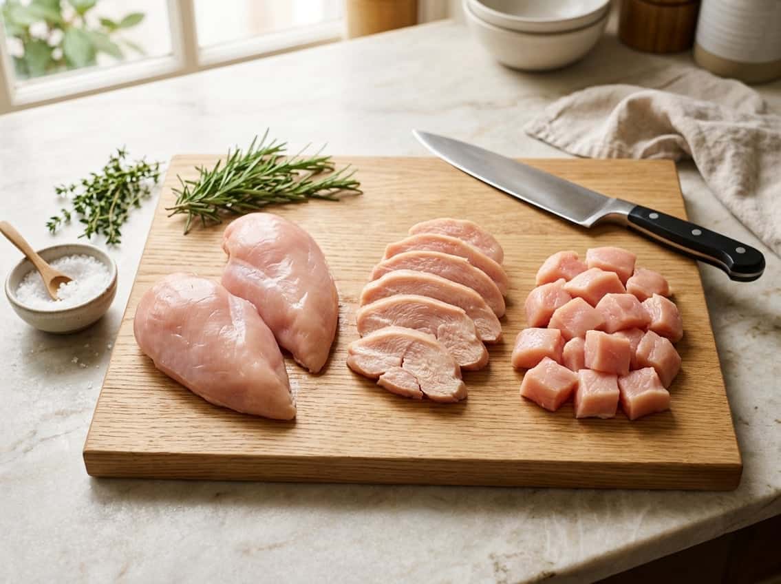 Raw chicken breast pieces arranged on a cutting board with kitchen utensils and fresh herbs nearby.