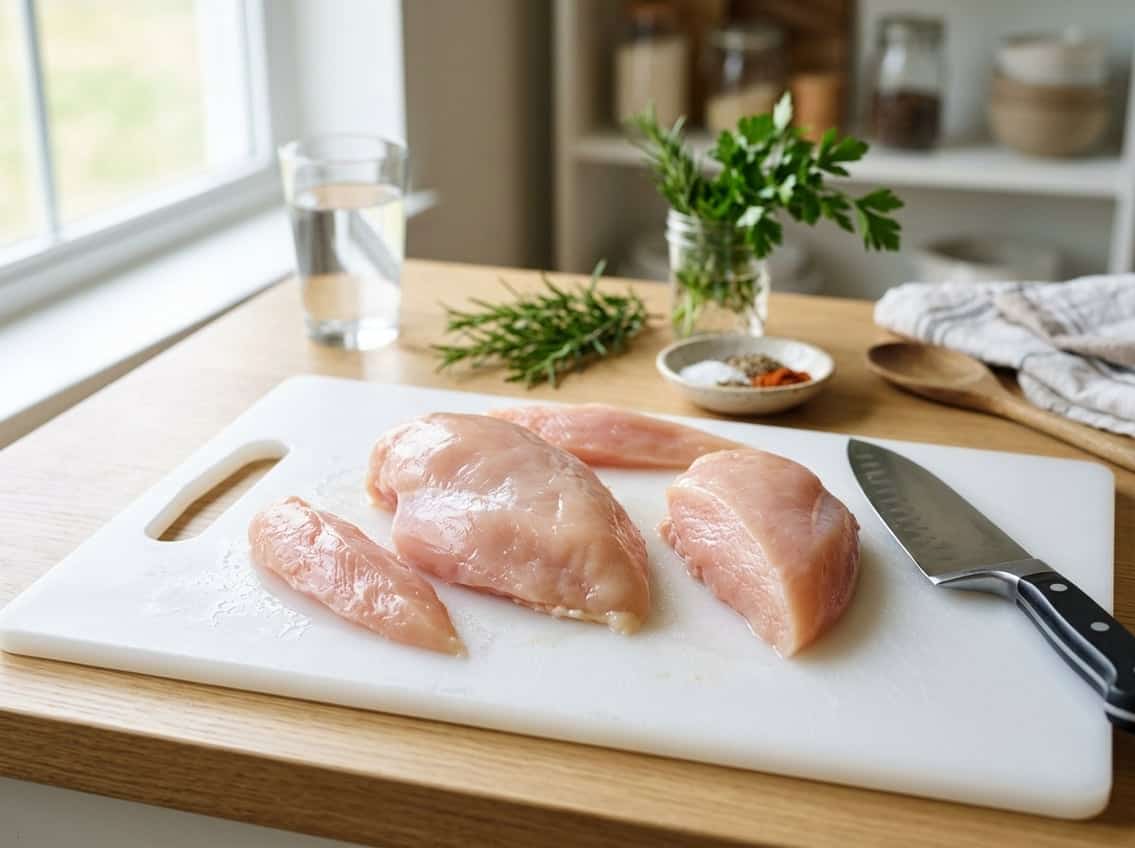 Fresh raw chicken breast on a cutting board with a chef's knife and fresh herbs in a kitchen setting.