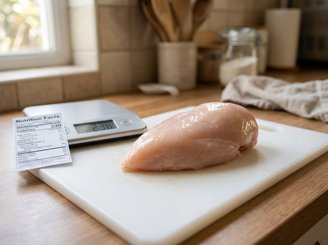 A raw whole chicken breast on a white cutting board with kitchen tools nearby.