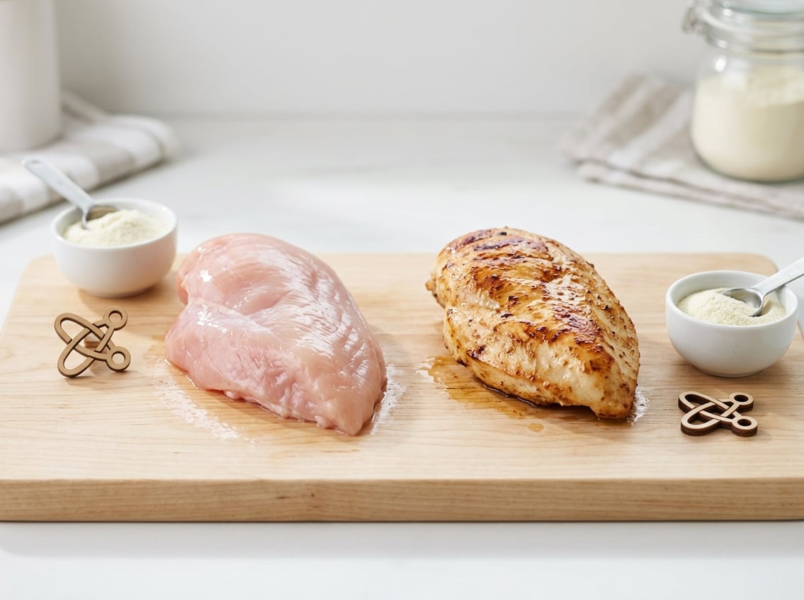 Two whole chicken breasts side by side on a white surface, one raw and pink, the other cooked and golden brown.