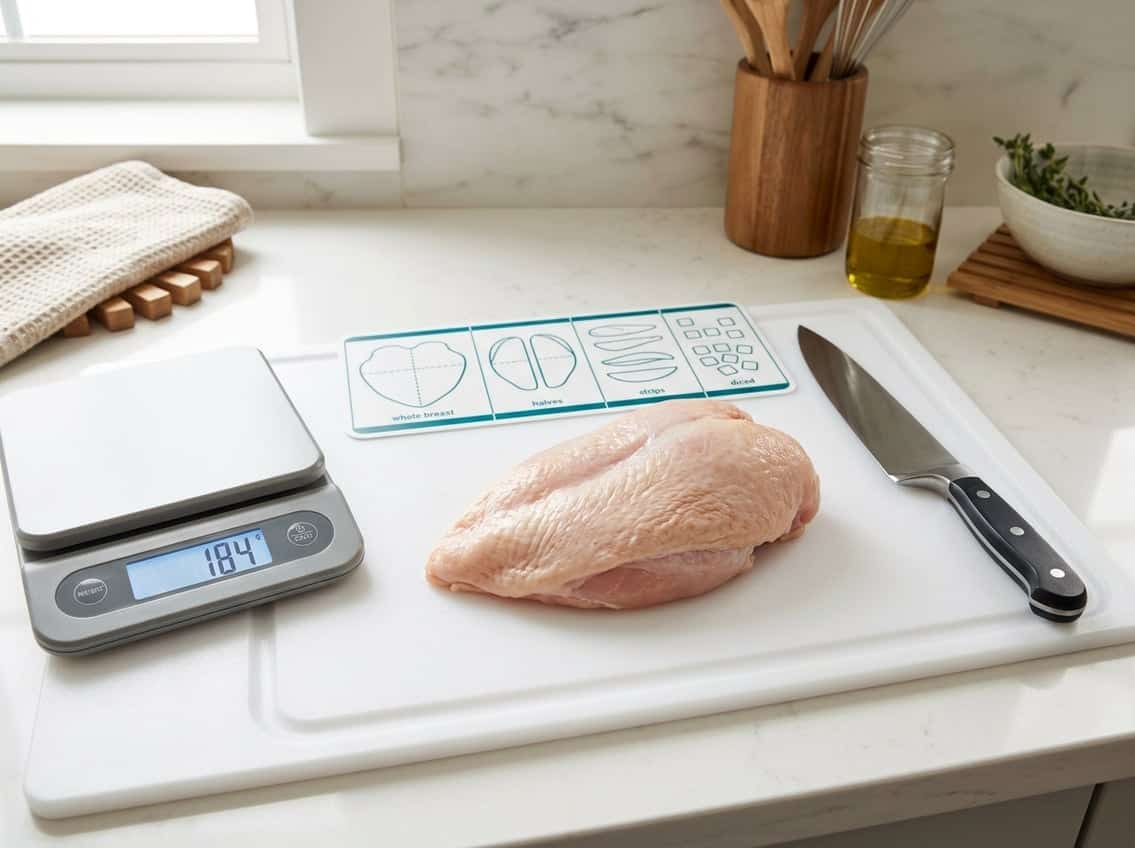 A whole raw chicken breast on a white cutting board with a digital kitchen scale and a chef's knife on a kitchen counter.