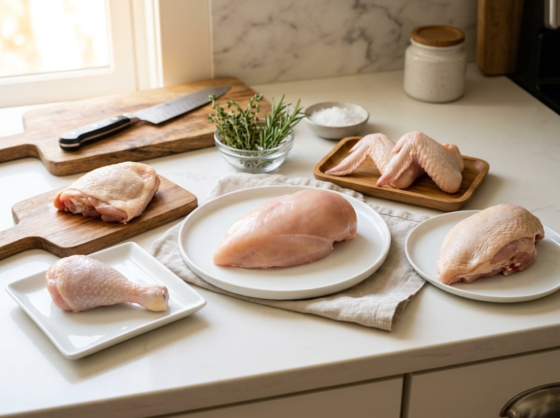 Fresh raw whole chicken breast and other chicken cuts arranged on plates and wooden boards on a kitchen countertop.
