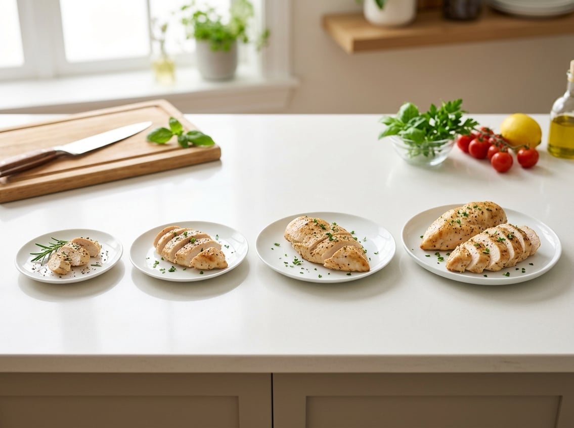 Several plates with different portion sizes of cooked whole chicken breast arranged on a kitchen countertop with fresh herbs in the background.