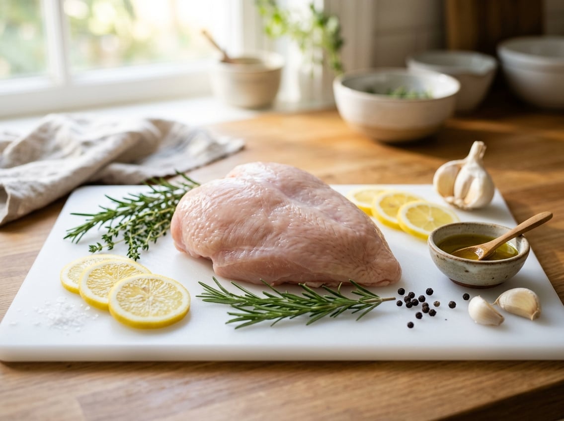 A raw whole chicken breast on a white cutting board surrounded by fresh herbs, lemon slices, and garlic cloves.