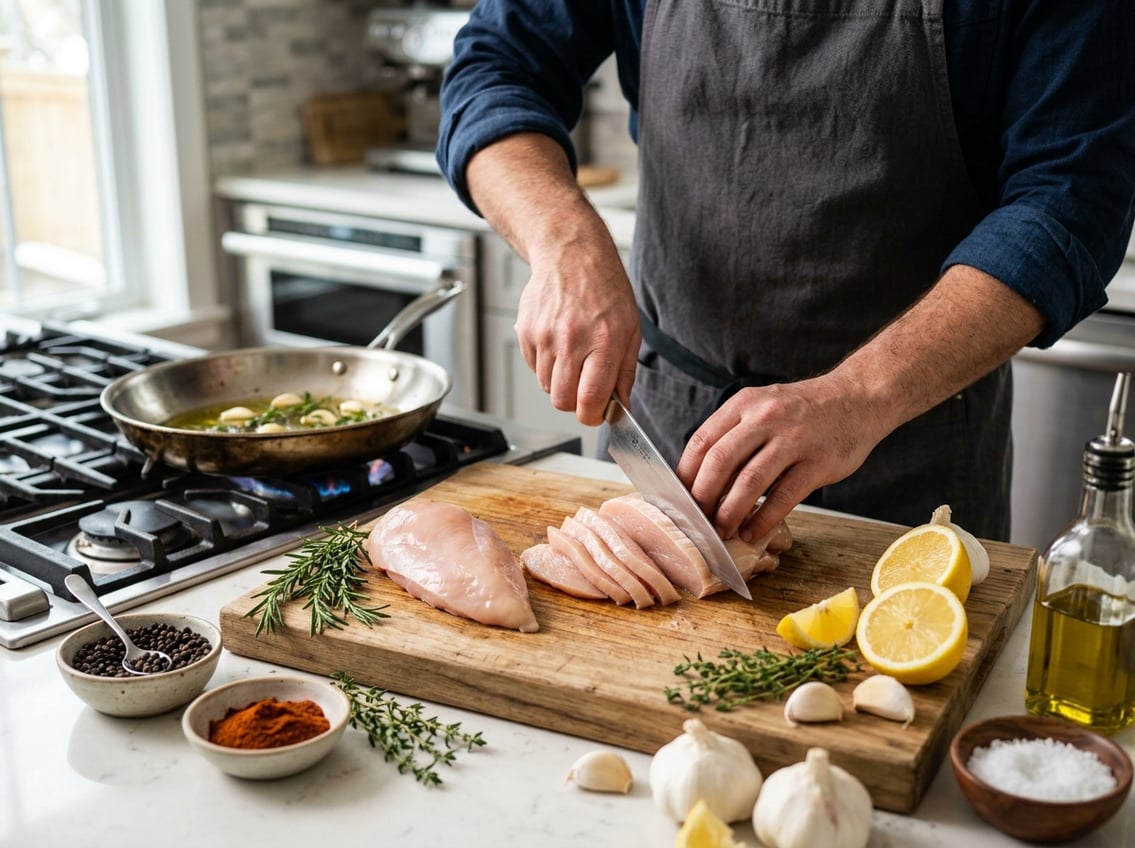 Hands slicing a whole raw chicken breast on a cutting board surrounded by fresh herbs, spices, and a stovetop in the background.
