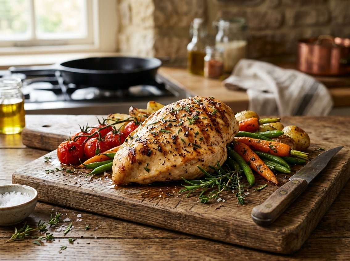 A cooked whole chicken breast on a wooden cutting board with fresh herbs and roasted vegetables.