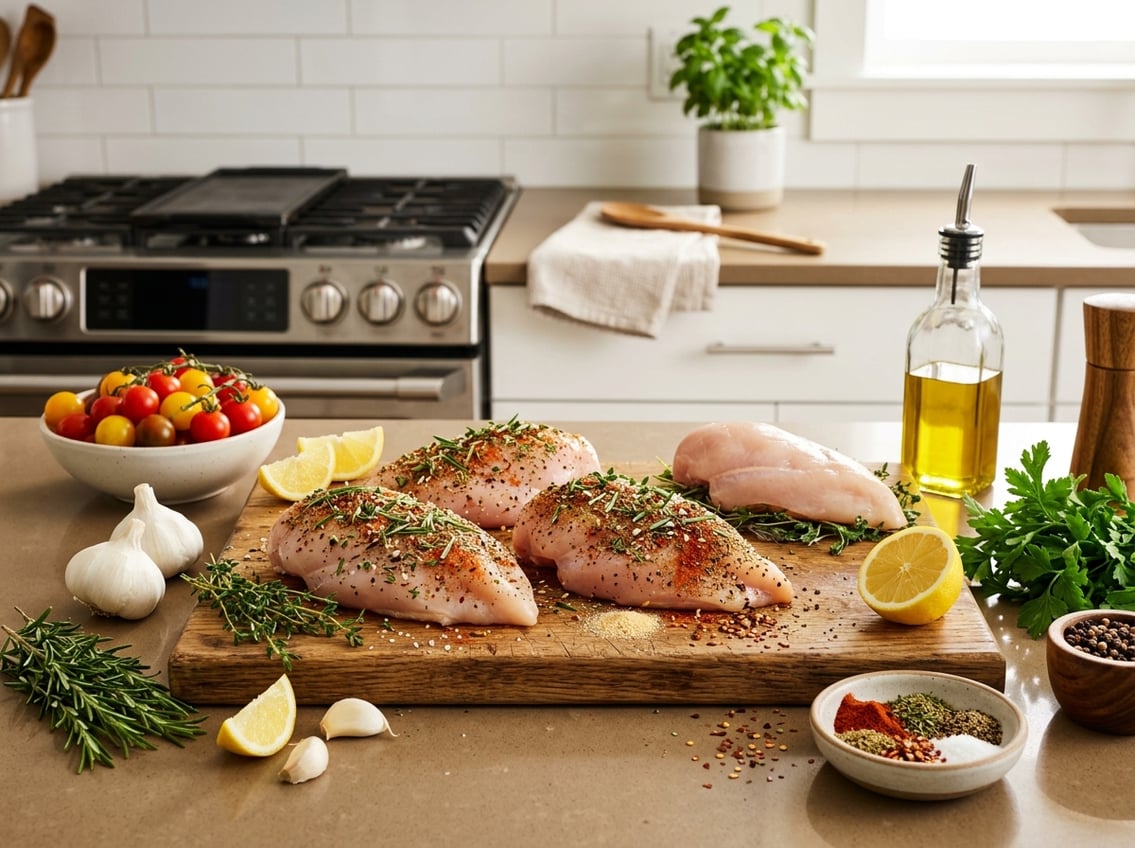 A kitchen scene with raw whole chicken breasts on a cutting board surrounded by fresh herbs, spices, garlic, lemon wedges, and cherry tomatoes.
