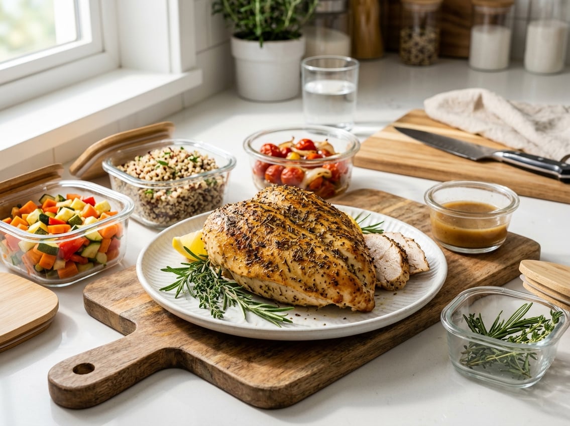 A cooked whole chicken breast on a plate with fresh herb garnish and containers of leftover ingredients on a kitchen countertop.