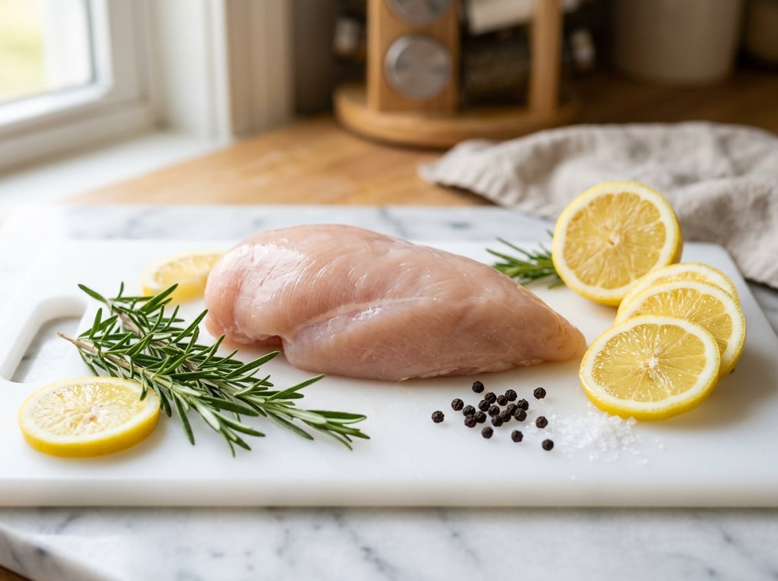 A whole raw chicken breast on a white cutting board with fresh rosemary, lemon slices, and peppercorns around it.
