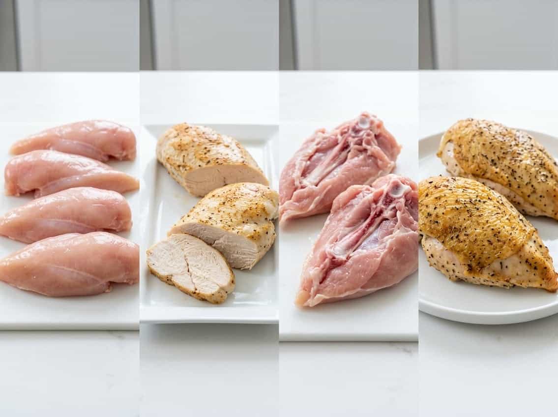 Four types of whole chicken breasts displayed side by side: raw, cooked, bone-in, and skin-on, arranged on a white surface.
