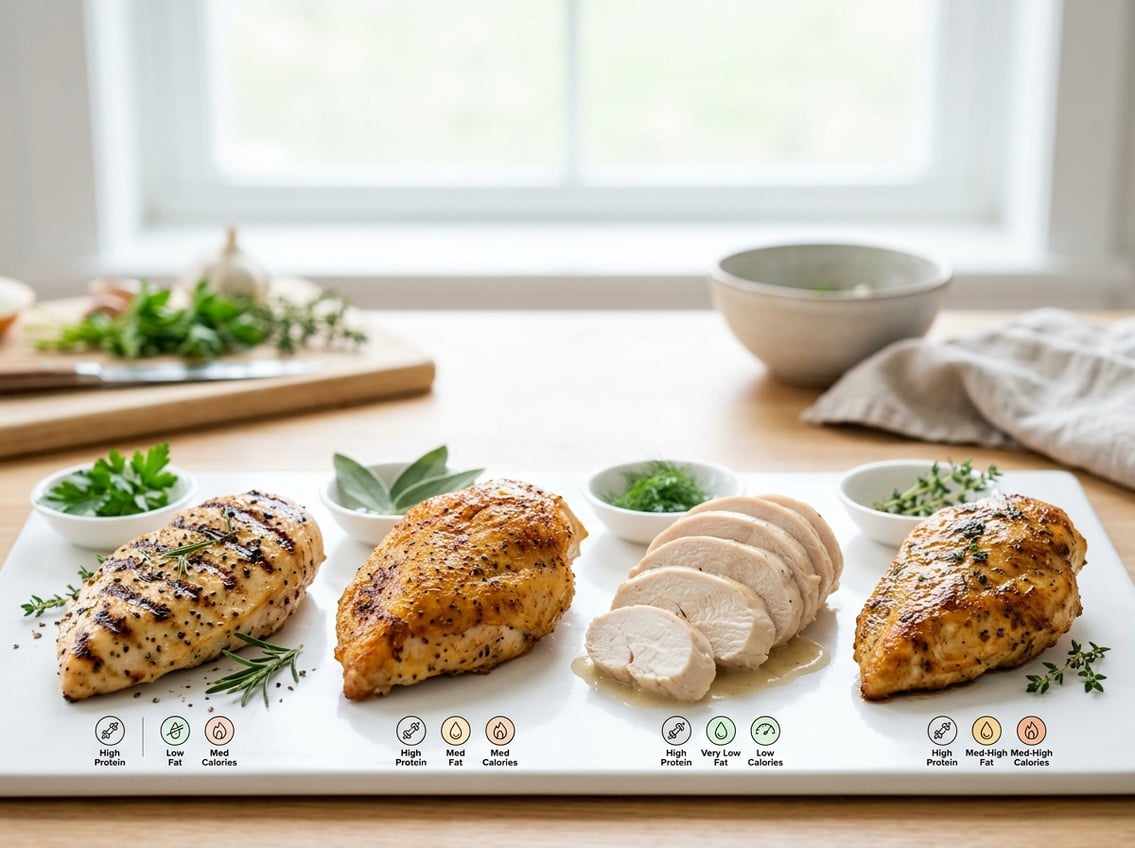 Various whole chicken breasts prepared by grilling, baking, boiling, and pan-searing displayed on a white surface with small dishes representing nutritional information.