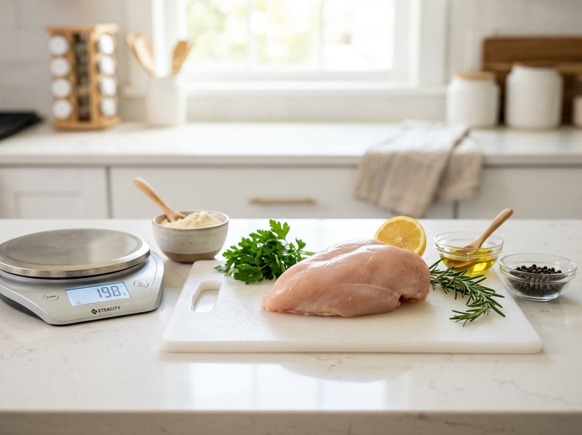 A whole raw chicken breast on a white cutting board with measuring tools and fresh herbs nearby in a bright kitchen.