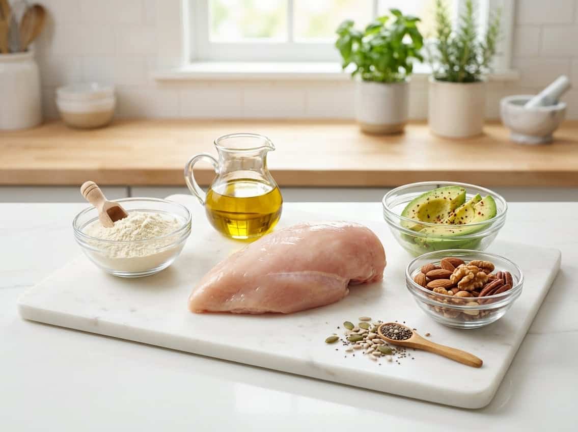 A whole raw chicken breast on a cutting board surrounded by bowls of protein powder, healthy fats, and nuts on a kitchen counter.