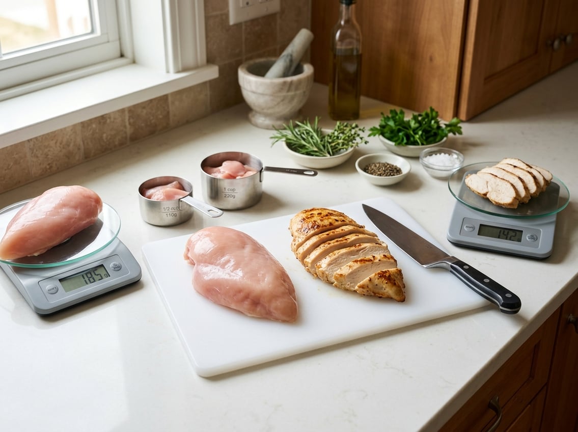 A raw whole chicken breast and a sliced cooked chicken breast on a white cutting board with measuring cups and kitchen scales nearby.