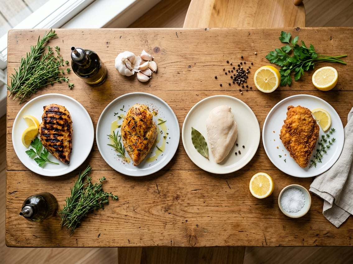 Four plates with whole cooked chicken breasts prepared by grilling, baking, boiling, and frying on a wooden table surrounded by fresh ingredients.