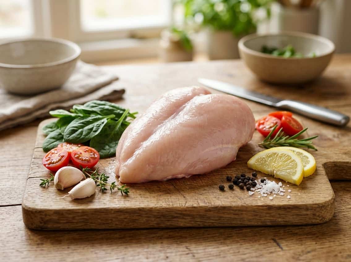 A whole raw chicken breast on a wooden cutting board surrounded by fresh vegetables and herbs.