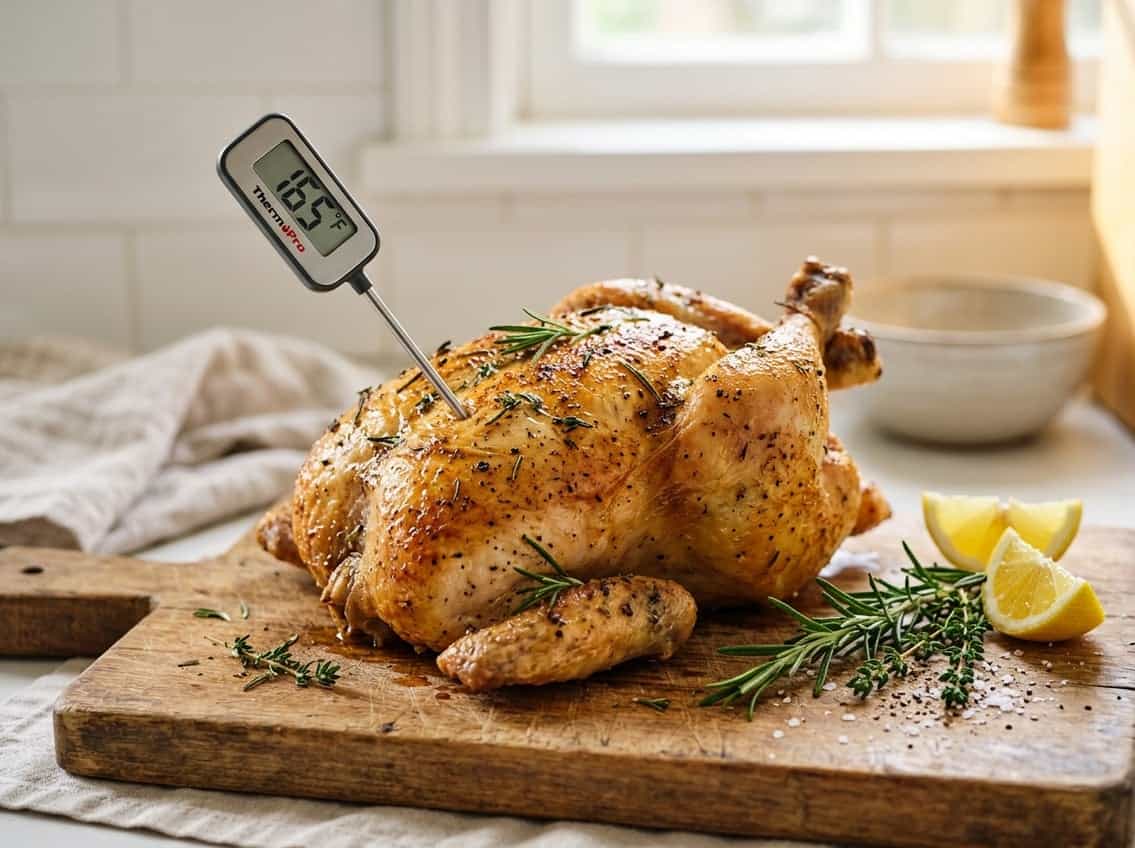 A whole roasted chicken on a wooden cutting board with a meat thermometer inserted into the breast, surrounded by fresh herbs and lemon wedges.