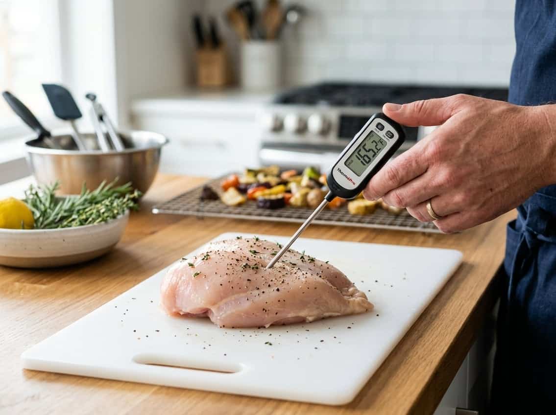 A hand holding a digital meat thermometer inserted into a whole chicken breast on a cutting board in a kitchen.