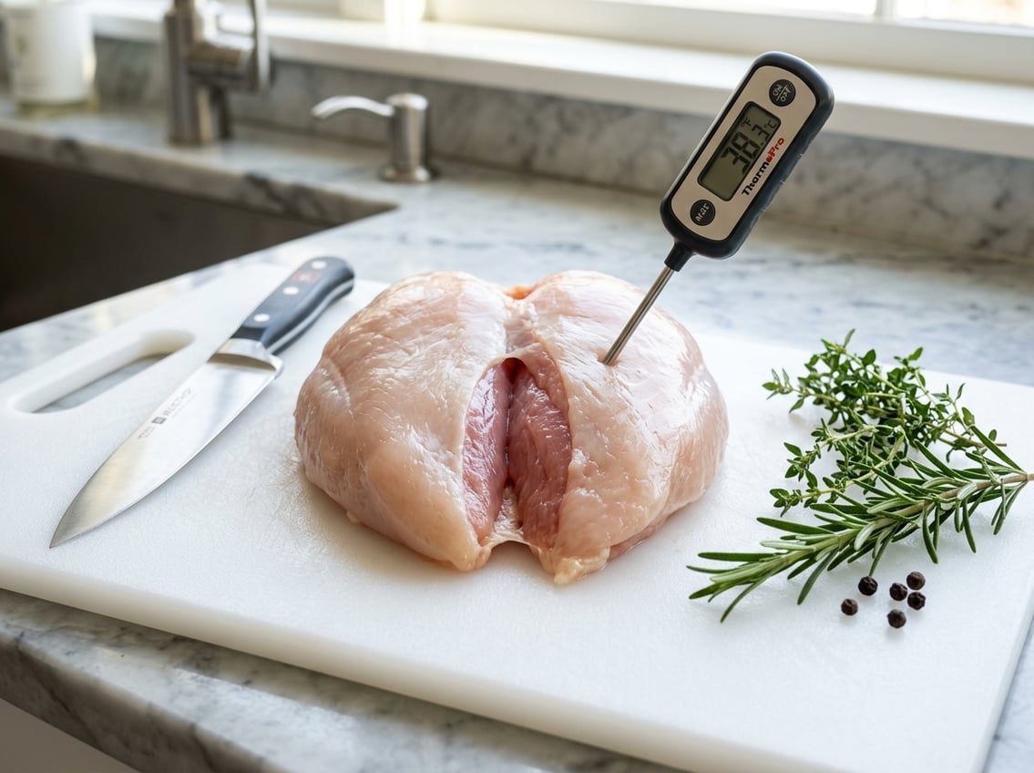 Close-up of a whole raw chicken breast with a meat thermometer inserted, surrounded by kitchen tools and fresh herbs on a countertop.