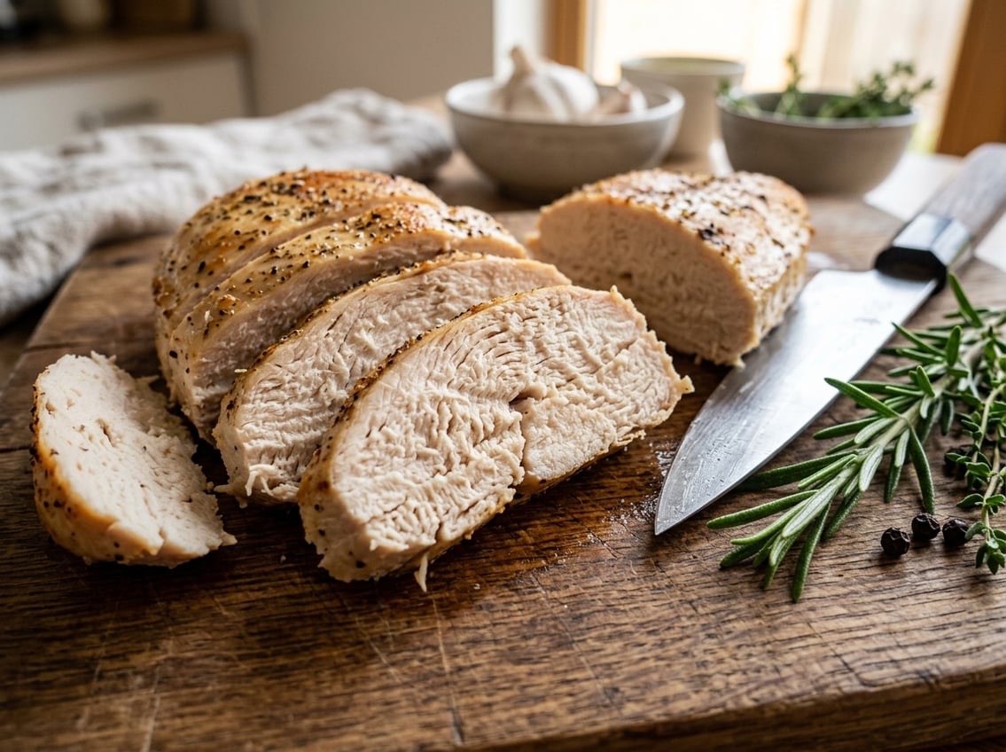 Close-up of a sliced cooked chicken breast showing its fibrous texture on a cutting board with herbs and a knife nearby.