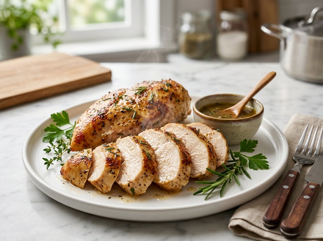 Sliced cooked chicken breast on a white plate with fresh herbs and sauce in a kitchen setting.