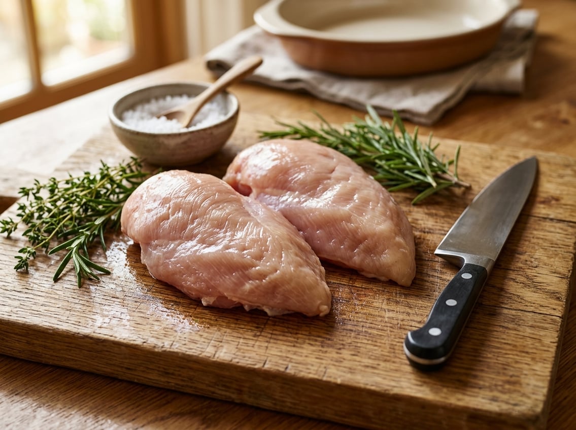 Close-up of raw chicken breasts on a wooden cutting board with herbs and a knife nearby in a kitchen setting.