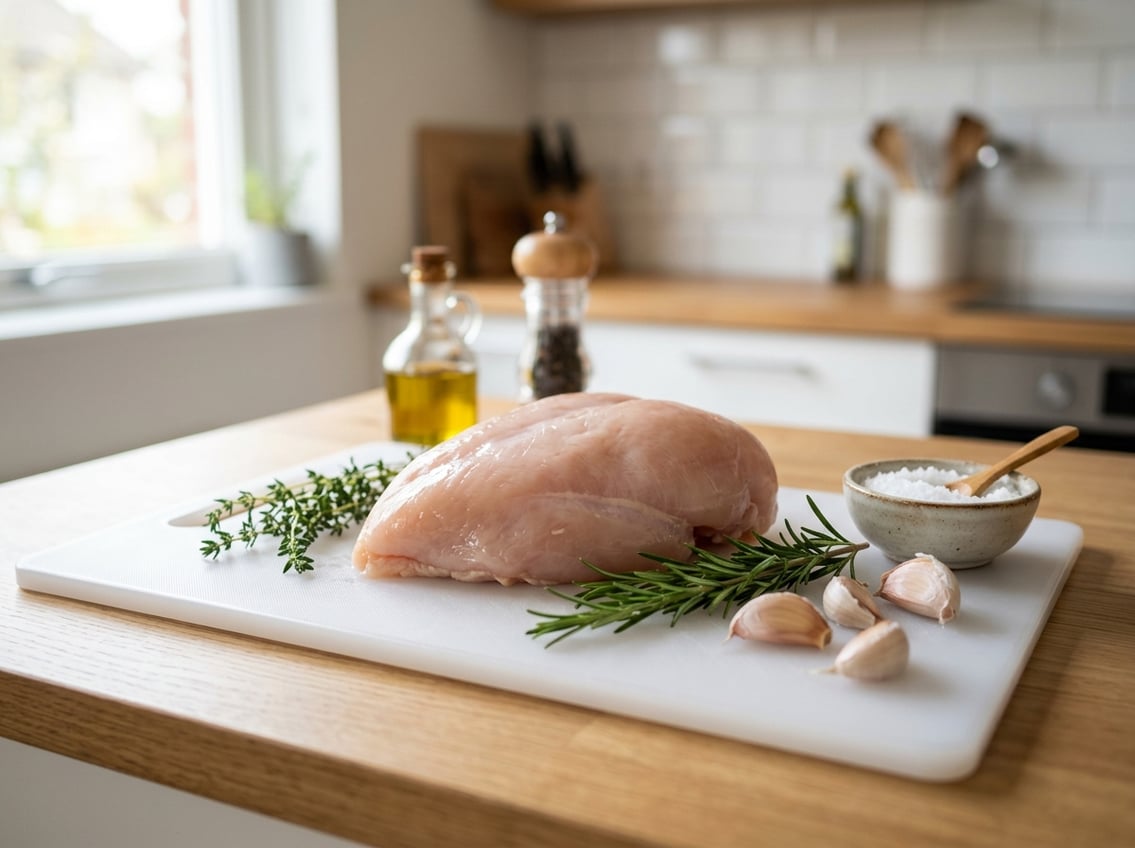 A fresh raw chicken breast on a white cutting board with herbs and garlic in a bright kitchen.