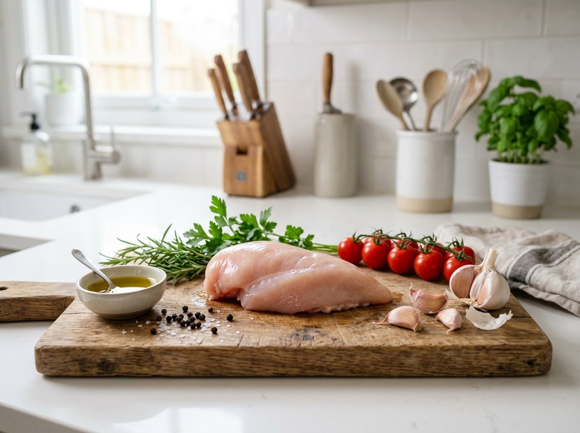 Fresh raw chicken breast on a wooden cutting board surrounded by tomatoes, herbs, and garlic in a kitchen.