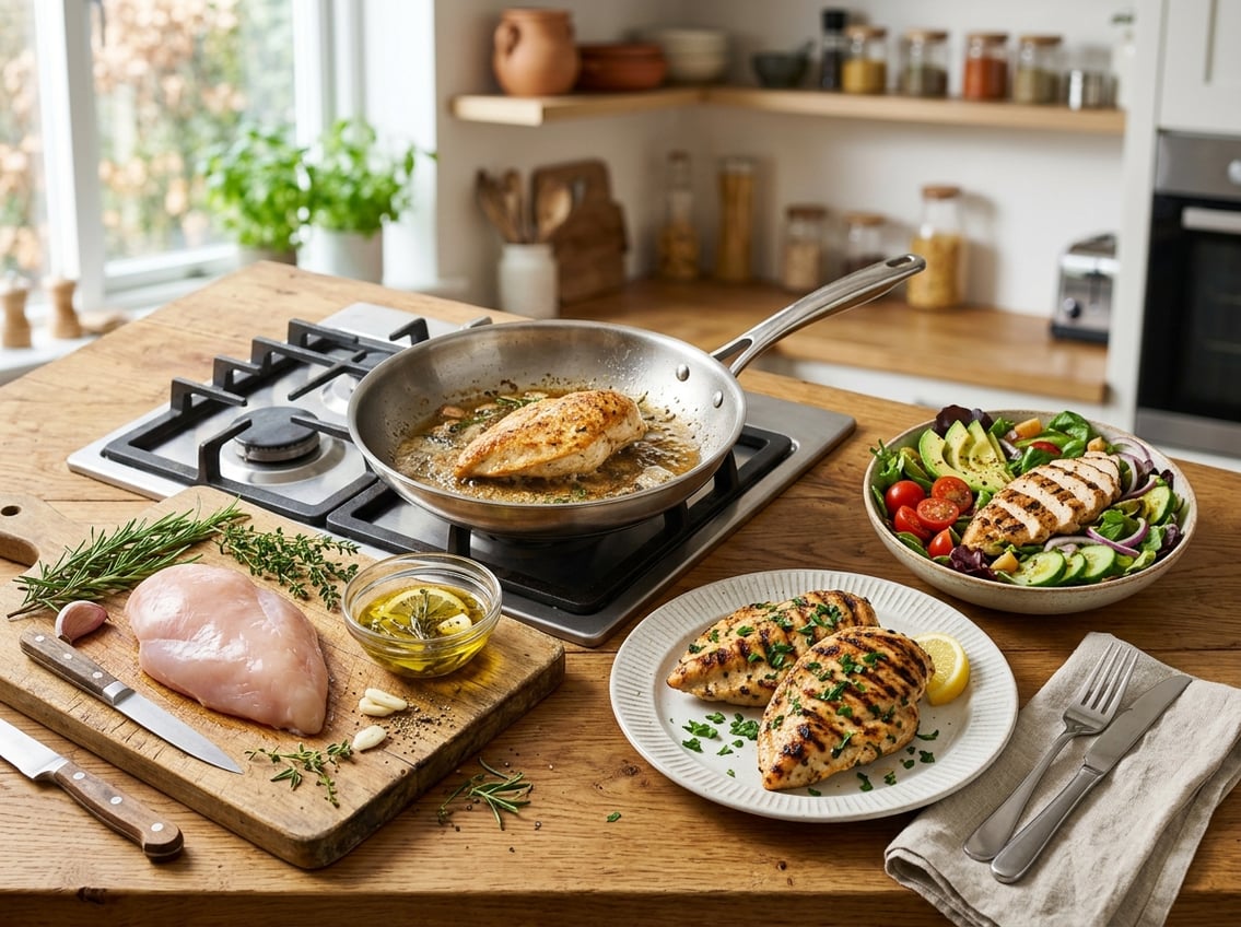 Various stages of chicken breast preparation including raw, marinated, grilled, pan-seared, and sliced chicken breast served with fresh herbs and salad on a kitchen counter.
