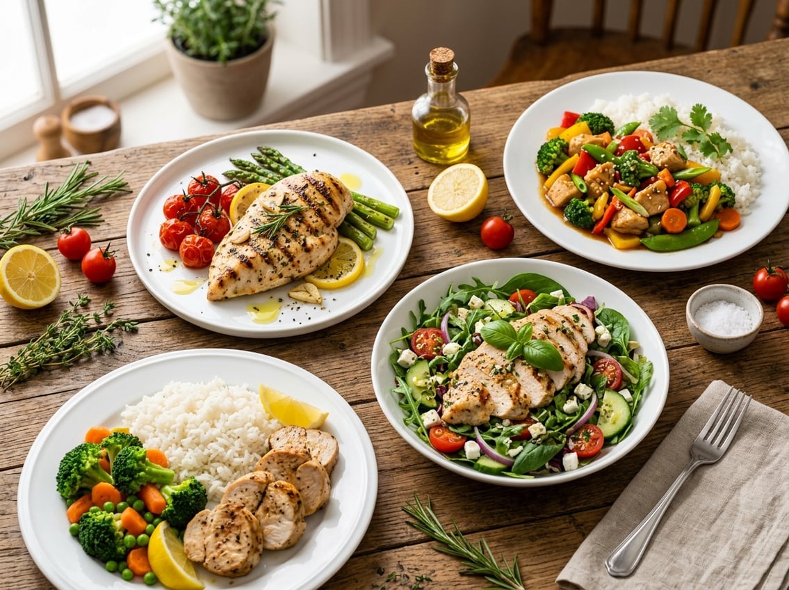 A variety of cooked chicken breast dishes arranged on plates with fresh vegetables and herbs on a wooden table.