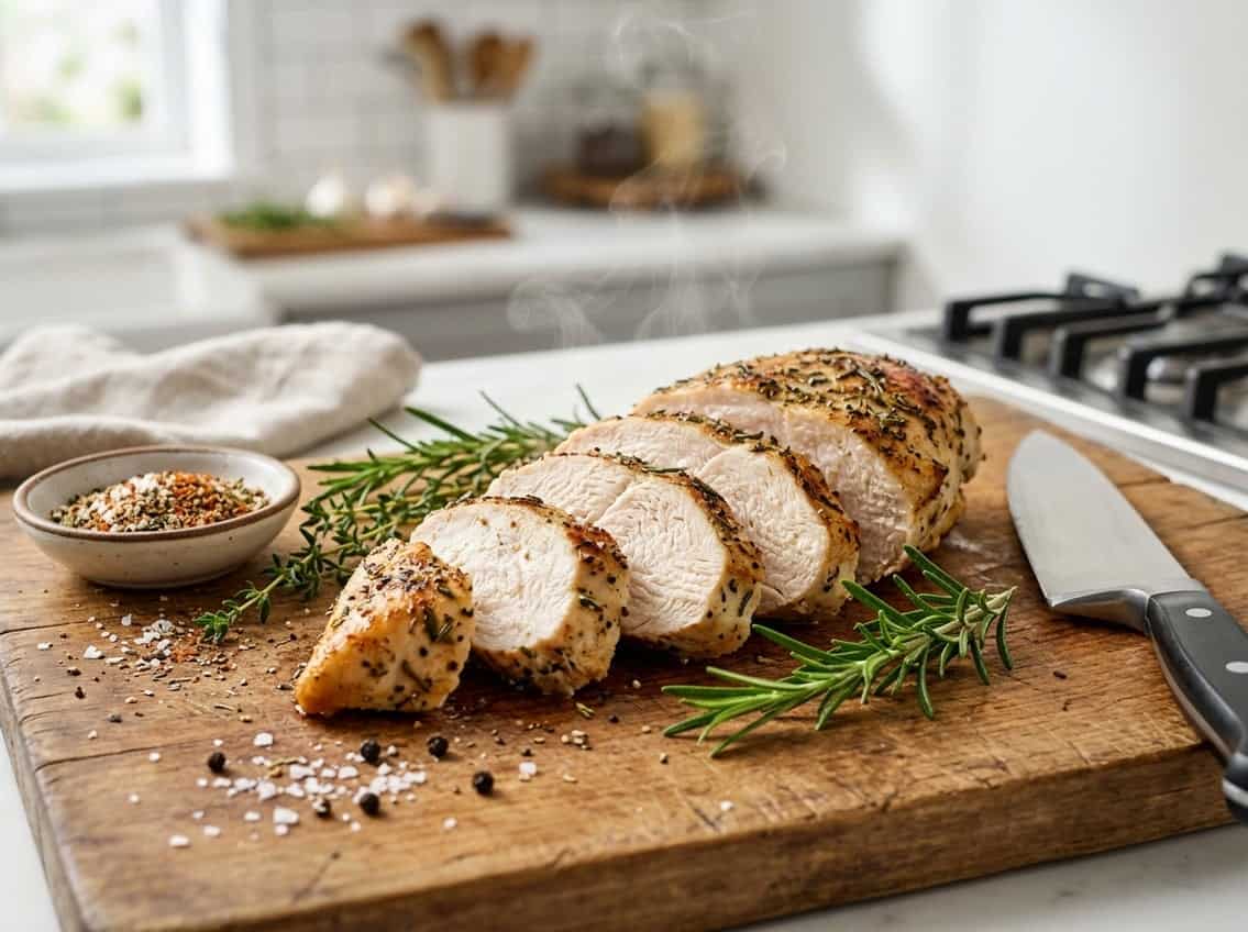 Close-up of a sliced, tender chicken breast on a wooden cutting board with fresh herbs and a knife nearby.
