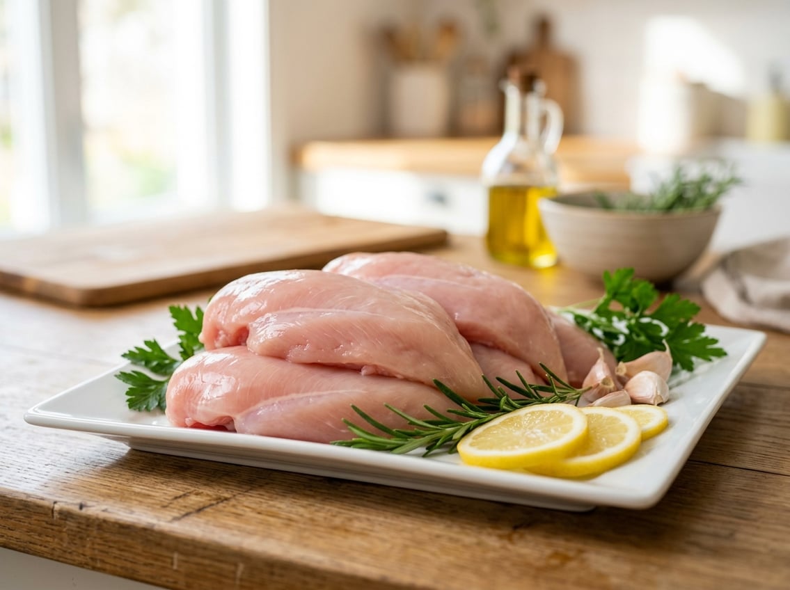 Fresh raw halal chicken breasts on a white plate with herbs, lemon slices, and garlic on a kitchen countertop.
