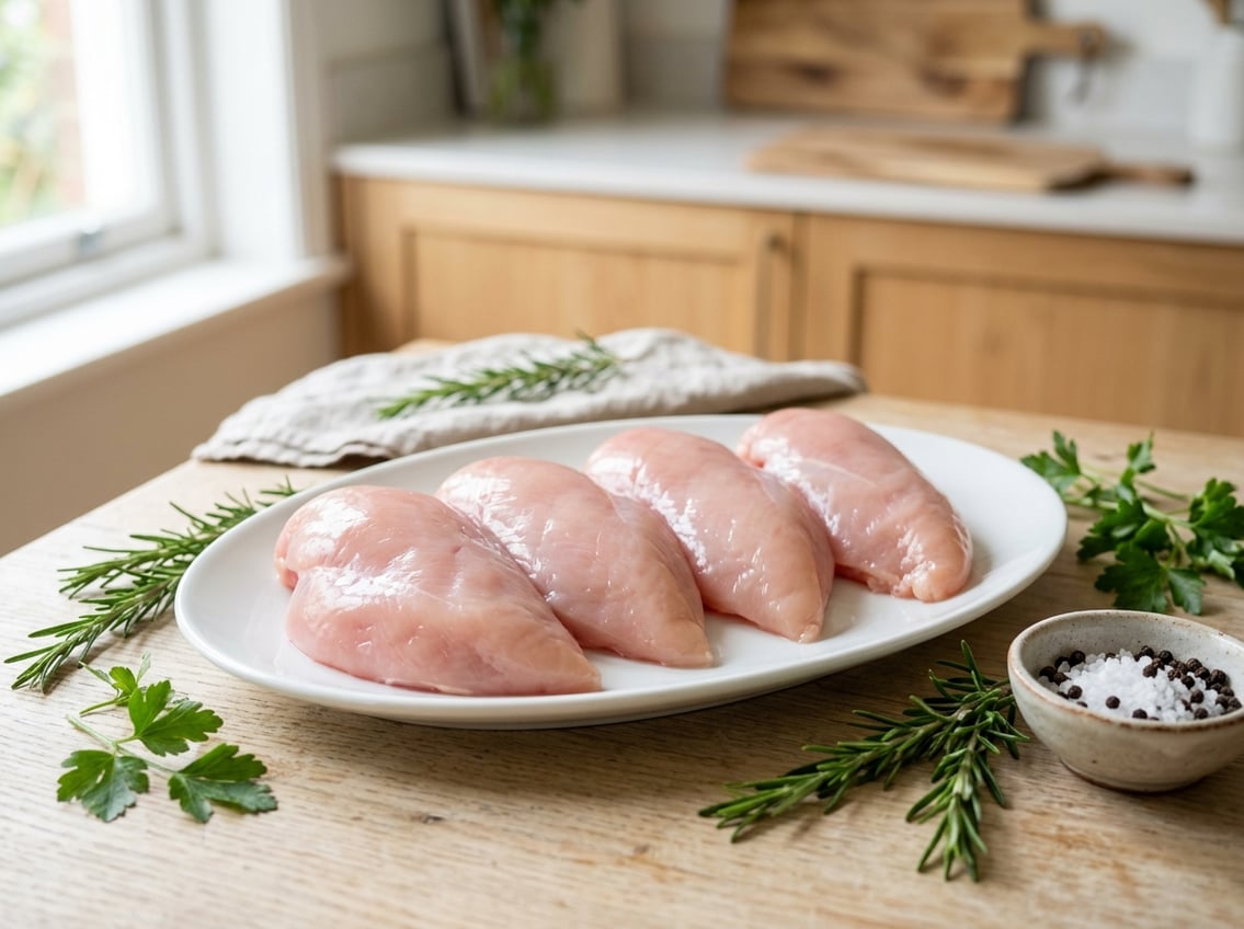 Fresh raw halal chicken breasts on a white plate with herbs and spices on a clean kitchen counter.