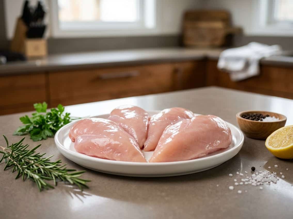 Fresh raw halal chicken breasts on a white plate with herbs and lemon on a kitchen countertop.