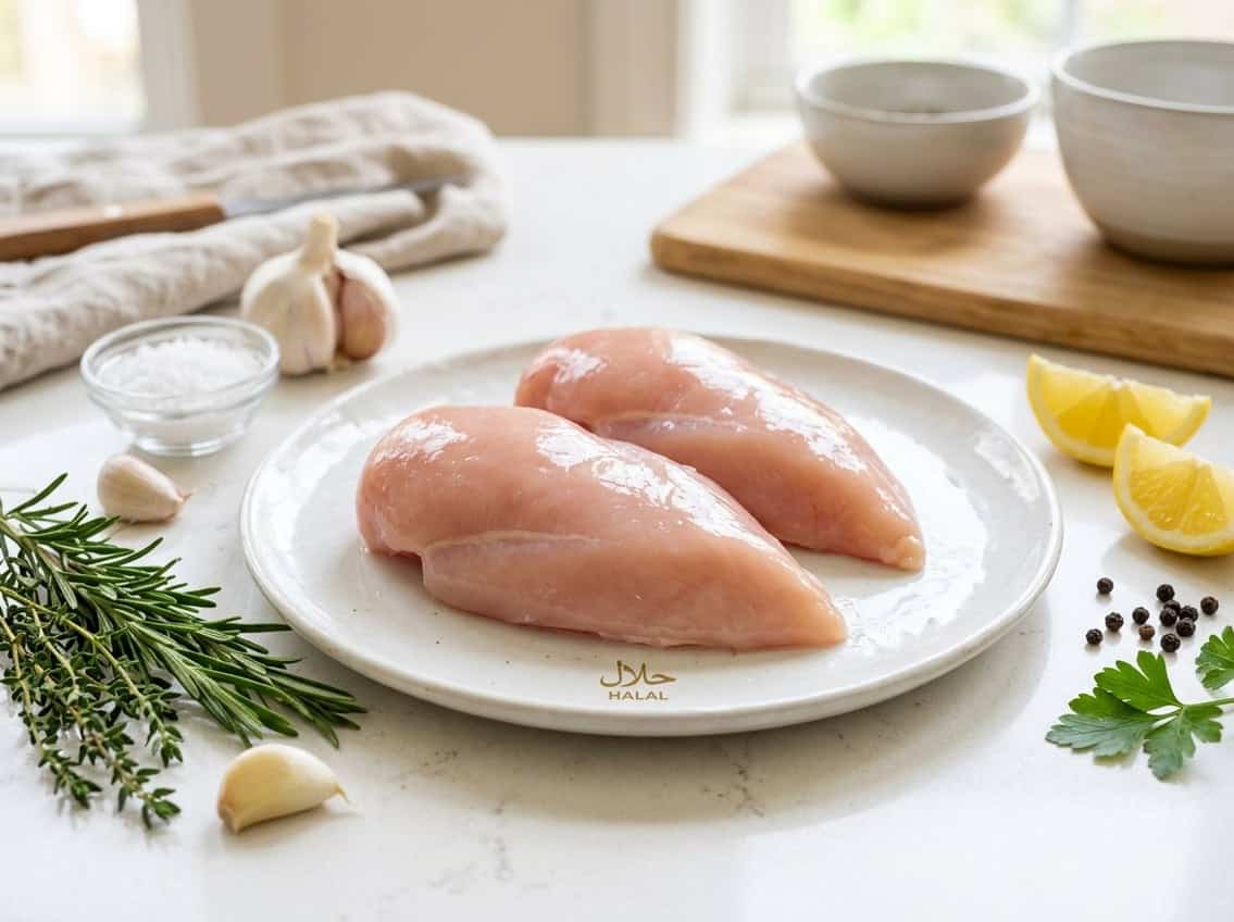 Fresh raw halal chicken breasts on a white plate with herbs, garlic, and lemon wedges on a kitchen countertop.