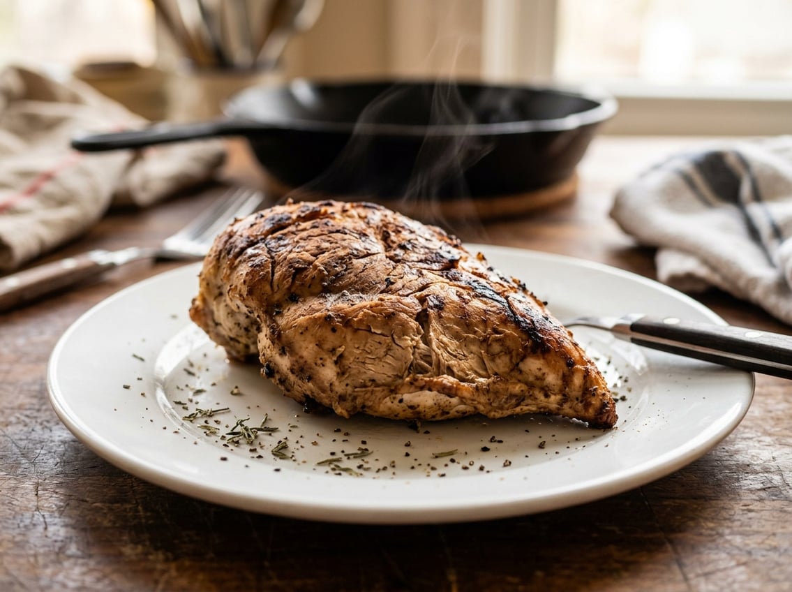 Close-up of a cooked chicken breast on a plate showing dryness and cracking on its surface.