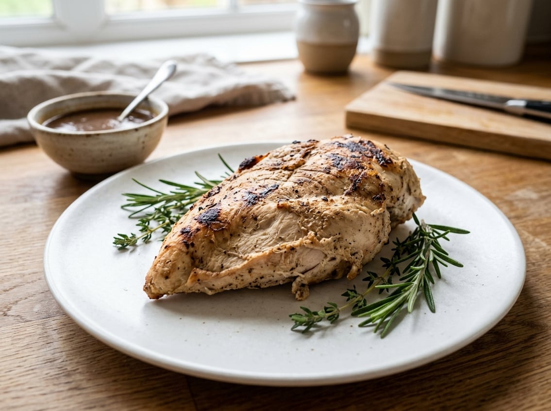 Close-up of a cooked chicken breast on a white plate with herbs and a small bowl of sauce on a kitchen countertop.