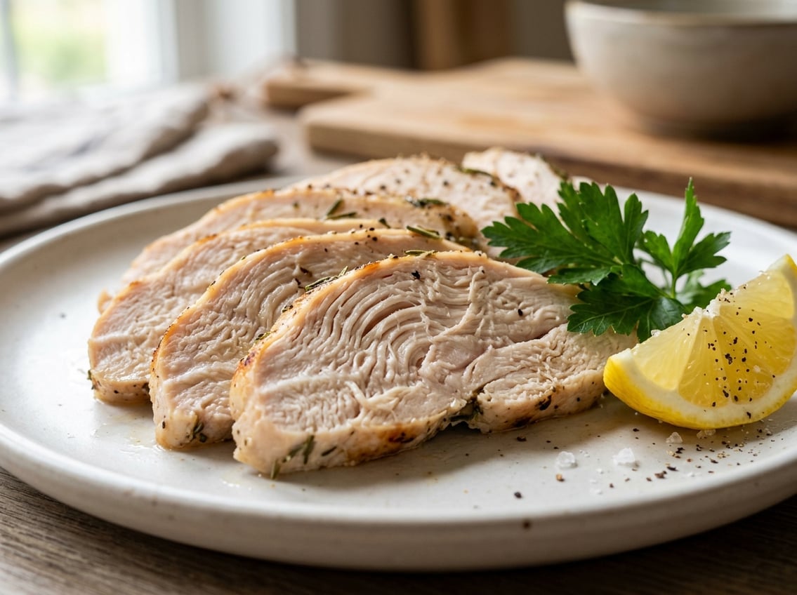 Close-up of sliced cooked chicken breast showing its fibrous, stringy texture on a white plate with parsley and lemon.