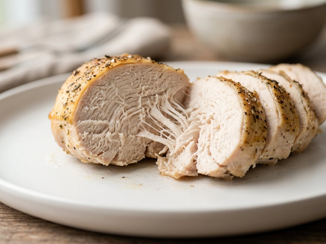 Close-up of a sliced cooked chicken breast showing fibrous, stringy texture on a white plate.