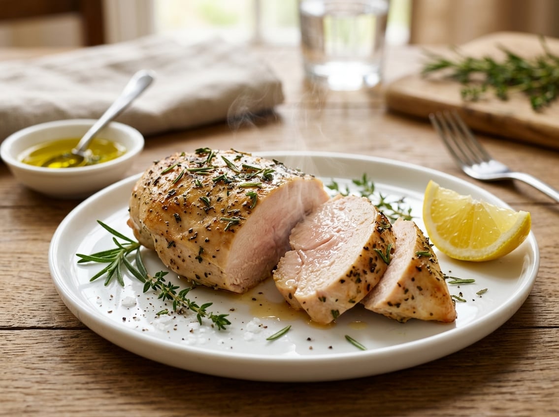 A sliced, juicy chicken breast on a white plate with fresh herbs, lemon wedge, and olive oil on a wooden table.
