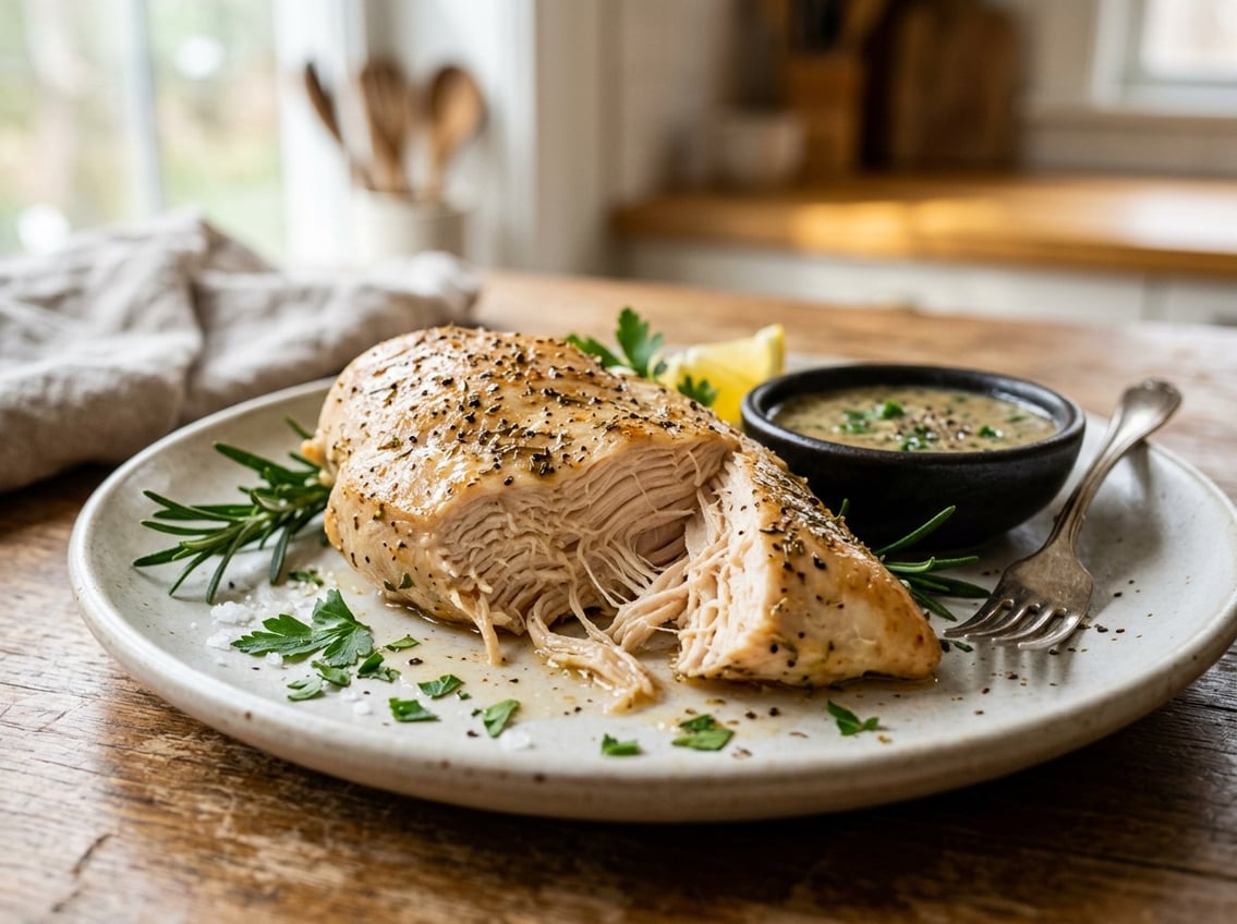 Close-up of a cooked chicken breast on a plate with fresh herbs and a small bowl of sauce in a kitchen setting.