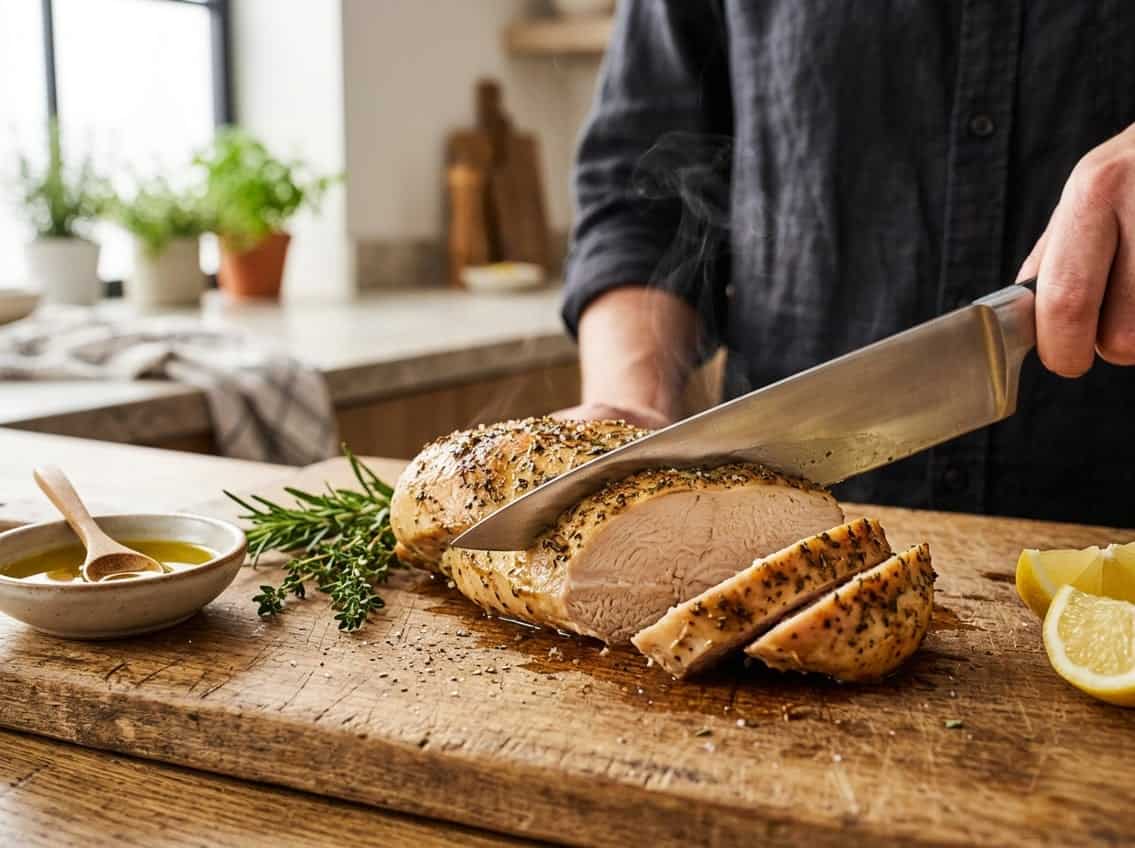 Close-up of a juicy chicken breast being sliced on a wooden cutting board with fresh herbs, lemon wedge, and olive oil nearby in a bright kitchen.