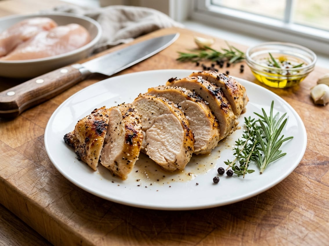 Close-up of sliced cooked chicken breast on a plate with fresh herbs, with raw chicken and kitchen tools in the background.