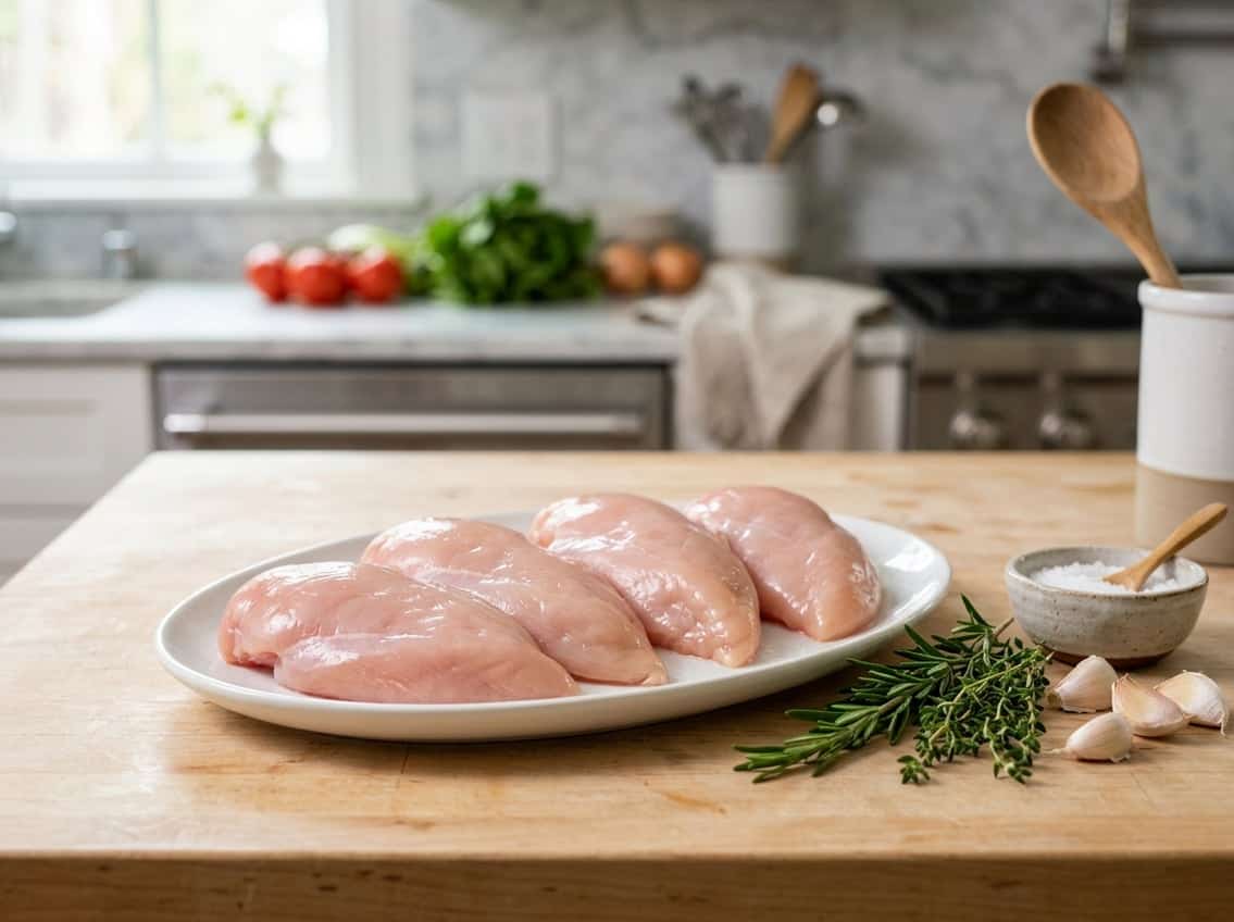 Fresh raw chicken breasts on a white plate with herbs and garlic on a wooden kitchen countertop.