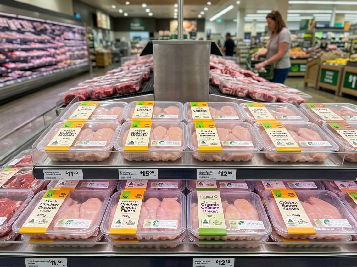 Packaged chicken breasts displayed on shelves in a Woolworths grocery store poultry section.