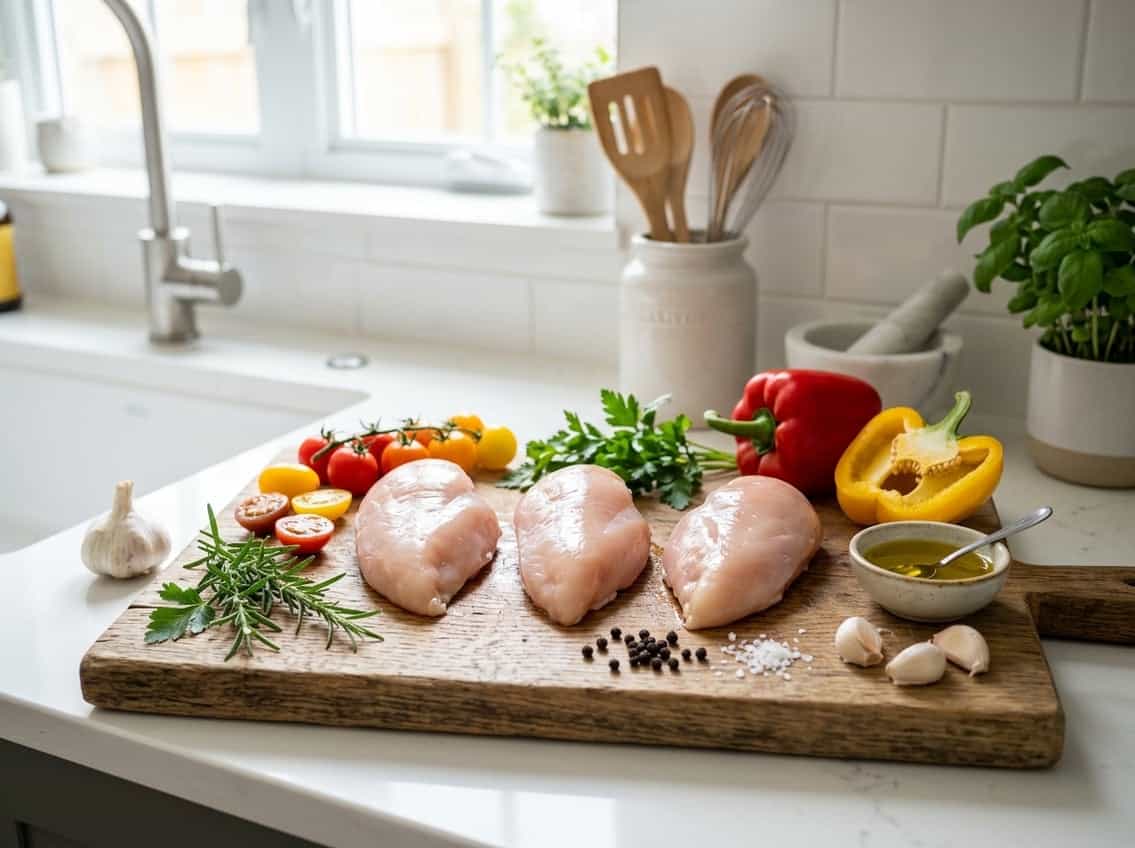Fresh raw chicken breasts on a wooden cutting board surrounded by fresh vegetables and herbs on a kitchen countertop.