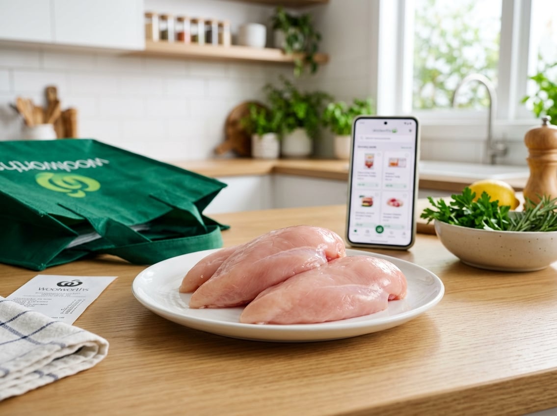 Fresh raw chicken breasts on a white plate on a kitchen countertop with a smartphone and shopping bag in the background.